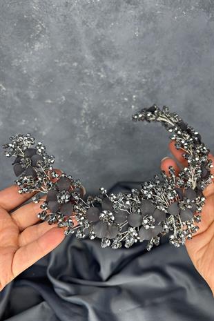 Antrasit Gri Nileda Kristal Boncuklu Gelin Kına Tacı Saç Aksesuarı