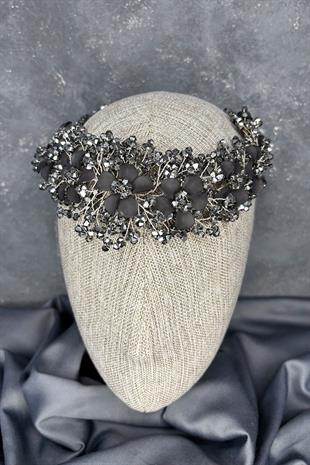 Antrasit Gri Nileda Kristal Boncuklu Gelin Kına Tacı Saç Aksesuarı