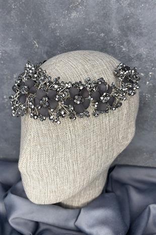 Antrasit Gri Nileda Kristal Boncuklu Gelin Kına Tacı Saç Aksesuarı