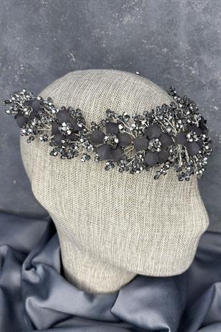 Antrasit Gri Nileda Kristal Boncuklu Gelin Kına Tacı Saç Aksesuarı
