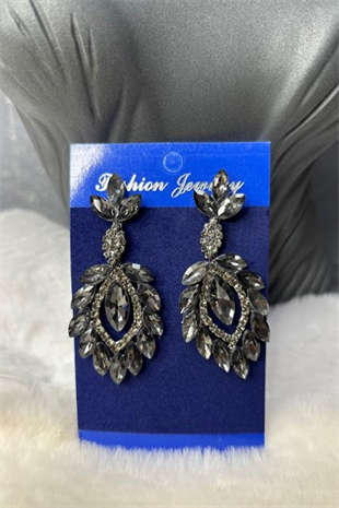 Antrasit Gri Renkli Velesse Şık Tasarım Taşlı Abiye Gelin Kına Küpesi