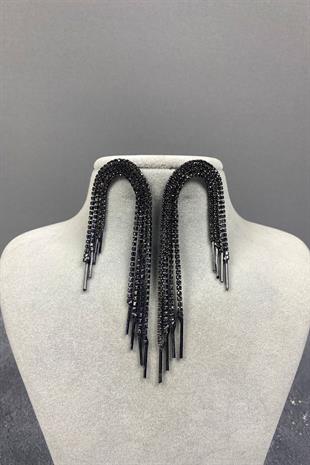 Antrasit Gri Sallantılı Abiye Taşlı Küpe