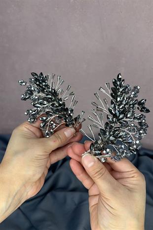 Antrasit Gri Selis Çift Taraflı Gelin Kına Tacı Saç Aksesuarı