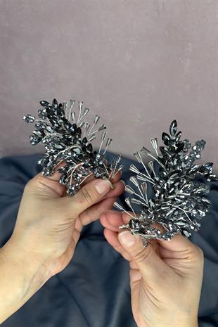 Antrasit Gri Selis Çift Taraflı Gelin Kına Tacı Saç Aksesuarı