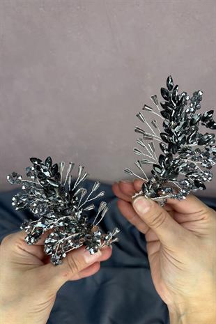 Antrasit Gri Selis Çift Taraflı Gelin Kına Tacı Saç Aksesuarı