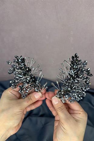 Antrasit Gri Selis Çift Taraflı Gelin Kına Tacı Saç Aksesuarı