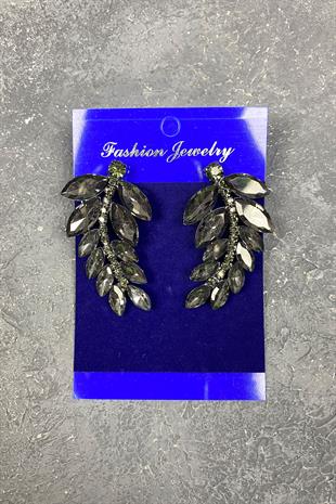 Antrasit Gri Yaprak Desen Ela Abiye Taşlı Gelin Küpesi