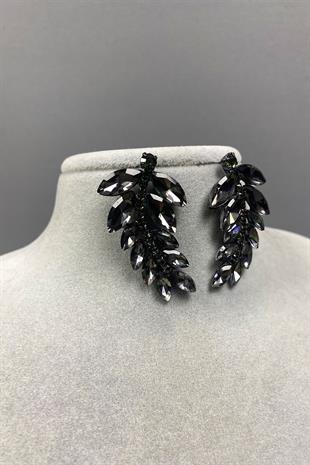 Antrasit Gri Yaprak Desen Ela Abiye Taşlı Gelin Küpesi