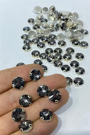 Antrasit Gri Yuvarlak Kasalı Dikme Cam Taş Kristal Boncuk 10 Adet