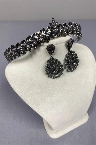 Anthracite Thin Elegant Vera Bridal Henna Crown and Drop Earrings