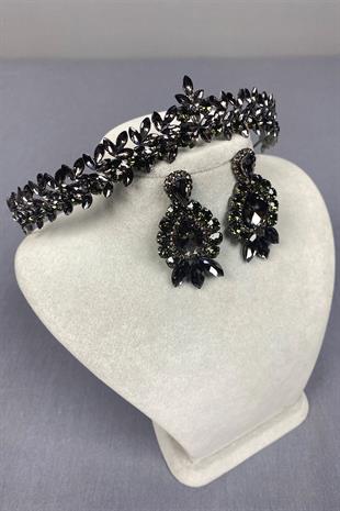 Anthracite Thin Elegant Vera Bridal Henna Crown and Drop Shuttle Earrings