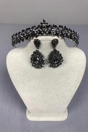 Anthracite Thin Elegant Vera Bridal Henna Crown and Drop Earrings
