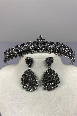 Anthracite Thin Elegant Vera Bridal Henna Crown and Drop Earrings