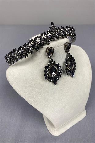 Anthracite Thin Elegant Vera Bridal Henna Crown and Drop Shuttle Earrings