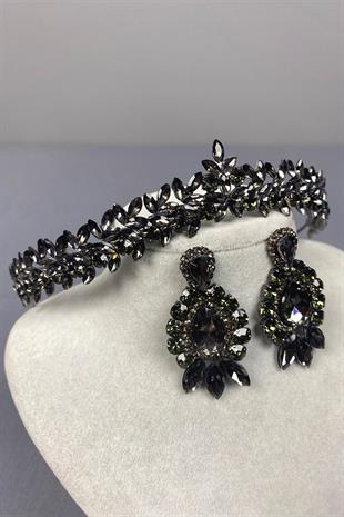 Anthracite Thin Elegant Vera Bridal Henna Crown and Drop Shuttle Earrings