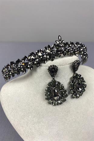 Anthracite Thin Elegant Vera Bridal Henna Crown and Drop Earrings