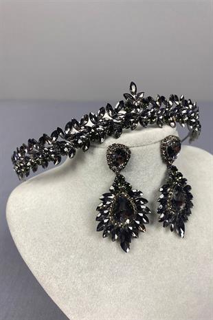 Anthracite Thin Elegant Vera Bridal Henna Crown and Drop Shuttle Earrings