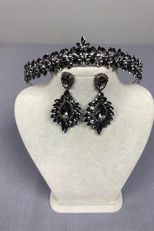 Anthracite Thin Elegant Vera Bridal Henna Crown and Drop Shuttle Earrings