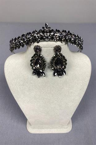 Anthracite Thin Elegant Vera Bridal Henna Crown and Drop Shuttle Earrings