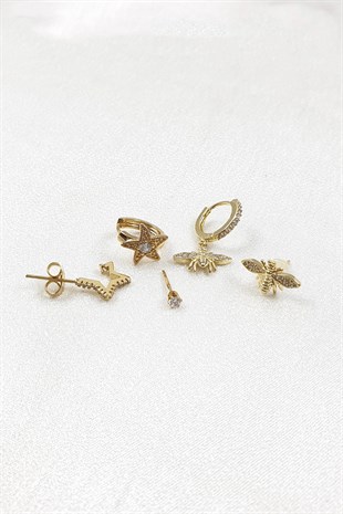 Arı ve Yıldız Desenli Gold Zirkon Taşlı Küpe