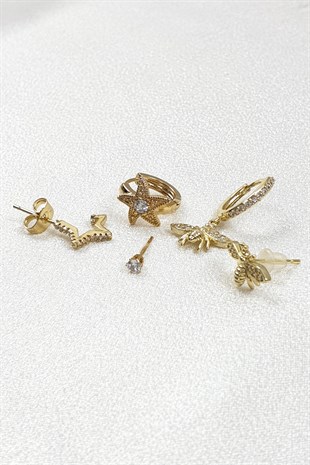 Arı ve Yıldız Desenli Gold Zirkon Taşlı Küpe