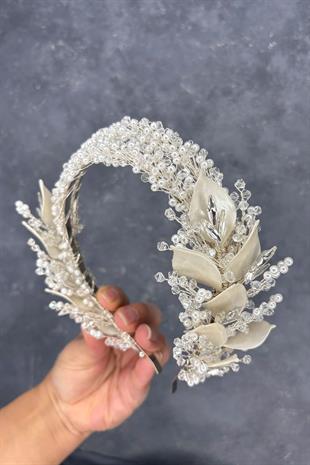 Asensa Çift Sıra Mineli Kristalli Gelin Tacı Saç Aksesuarı