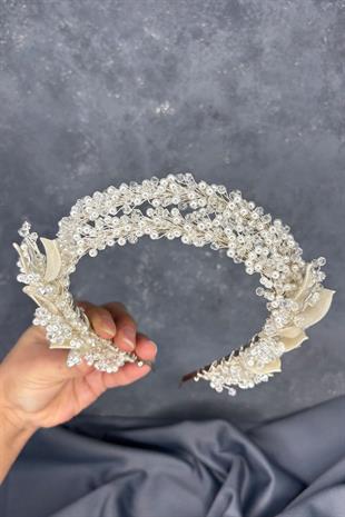 Asensa Çift Sıra Mineli Kristalli Gelin Tacı Saç Aksesuarı