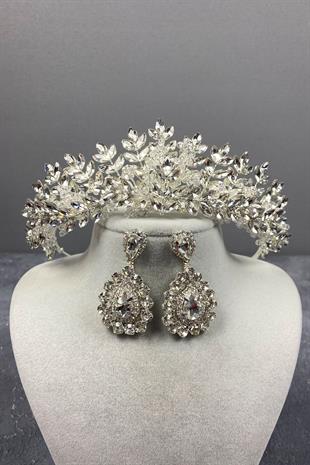 Originally Bead Embroidered Bridal Tiara and Stud Earrings Set