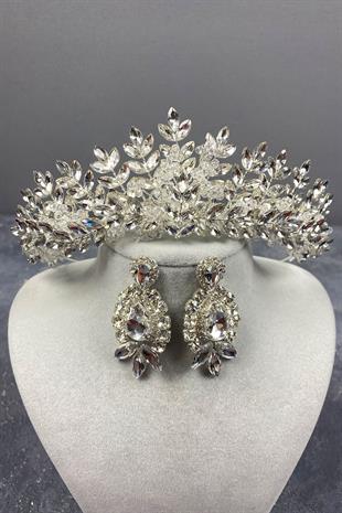 Originally Bead Embroidered Bridal Tiara and Stud Earrings Set