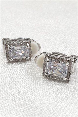 Baget Gümüş Renk Taşlı Mandal Küpe