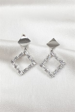 Baget Taşlı Kare ve Metalli Silver Küpe