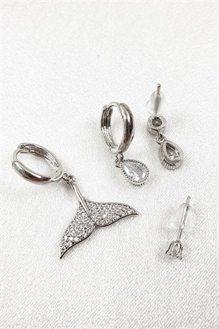 Baget ve Balık Kuyruklu Zirkon Taşlı Çoklu Küpe