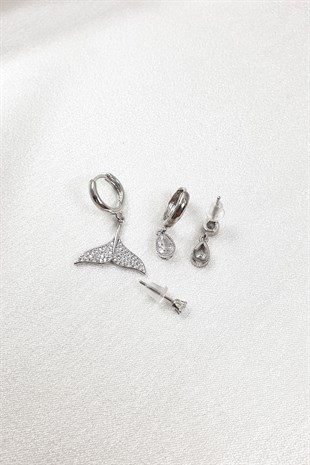 Baget ve Balık Kuyruklu Zirkon Taşlı Çoklu Küpe