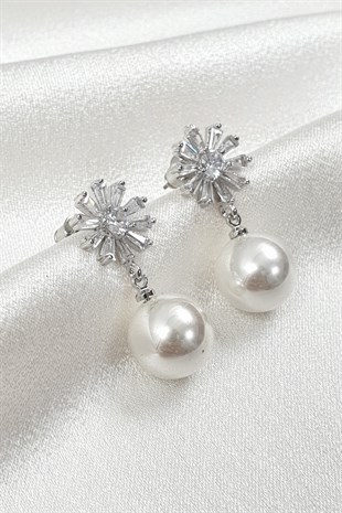 Baget Yıldız Desenli Taşlı İncili Küpe