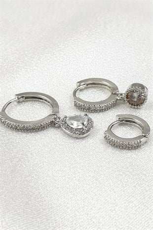 Zirkon Taşlı Gümüş Halkalı Çoklu Küpe