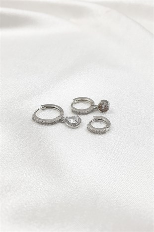 Zirkon Taşlı Gümüş Halkalı Çoklu Küpe