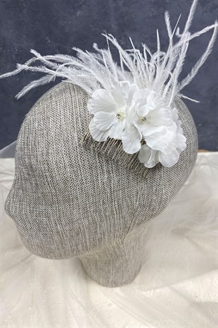 Bahar Dalı Çiçekli Tüylü Tasarım Gelin Saç Tokası