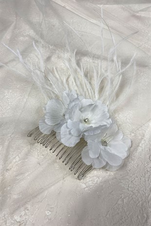 Bahar Dalı Çiçekli Tüylü Tasarım Gelin Saç Tokası