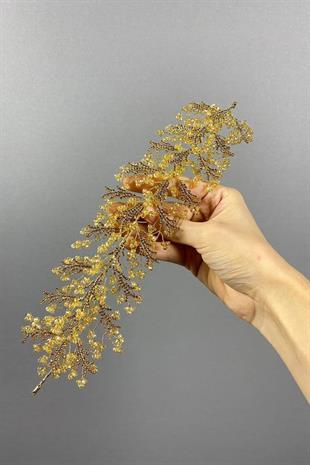 Bal Rengi Arden Kristal Boncuklu Saç Bandı ve Gelin Kına Tacı