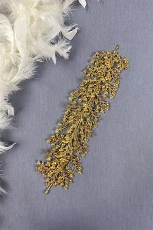 Bal Rengi Arden Kristal Boncuklu Saç Bandı ve Gelin Kına Tacı