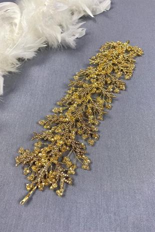 Bal Rengi Arden Kristal Boncuklu Saç Bandı ve Gelin Kına Tacı