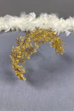 Bal Rengi Arden Kristal Boncuklu Saç Bandı ve Gelin Kına Tacı