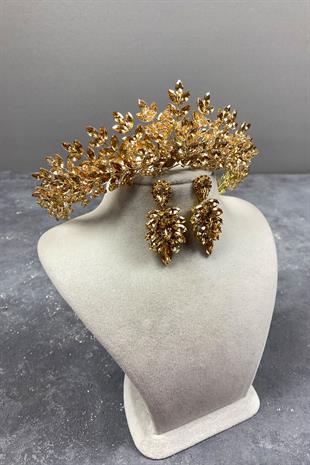 Honey Color Original Beaded Bridal Henna Tiara and Stud Earrings Set