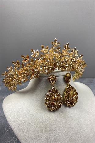 Bal Rengi Asleny Boncuklu Gelin Kına Tacı Ve Taşlı Küpe Seti