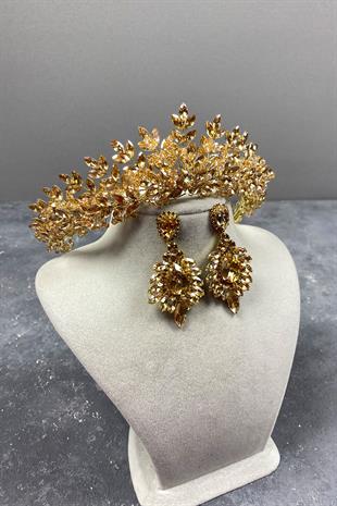 Bal Rengi Asleny Boncuklu Gelin Kına Tacı Ve Küpe Seti