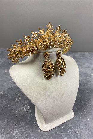 Honey Color Original Beaded Bridal Henna Tiara and Studded Earrings Set