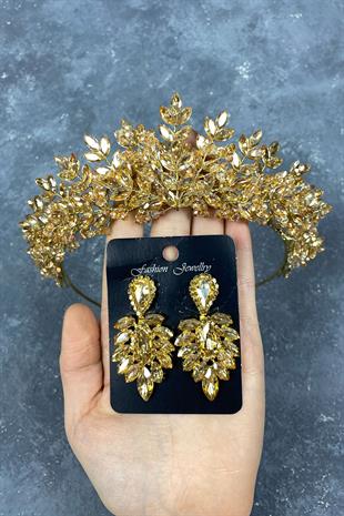 Honey Color Original Beaded Bridal Henna Tiara and Stud Earrings Set