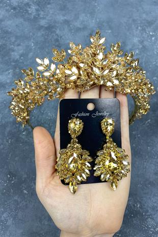 Bal Rengi Asleny Boncuklu Gelin Kına Tacı Ve Küpe Seti