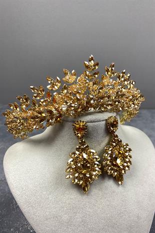 Bal Rengi Asleny Boncuklu Gelin Kına Tacı Ve Küpe Seti