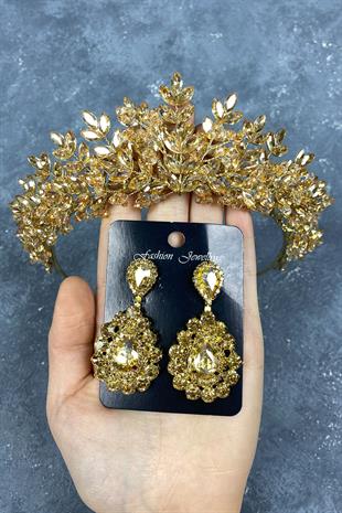 Bal Rengi Asleny Boncuklu Gelin Kına Tacı Ve Taşlı Küpe Seti